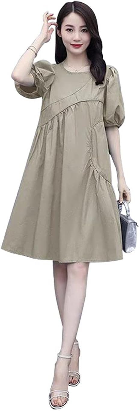 Amazon Co Jp フレアワンピース フレアワンピ Aライン レディース バルーン袖 半袖 プールオーバー 綿 コットン ラウンドネック 膝上 無地 たっぷりタック入り ゆったり リラックス 韓国風 通勤 Ol 服 ファッション小物