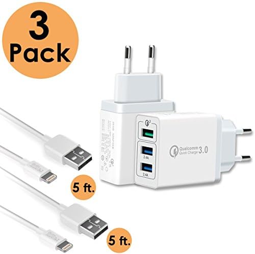 SELLERS360 EU iPhone Quick Charge 3.0 USB, Dual USB Portable Travel Wall Charger 2(5FT) Apple Lightning Cable Charging Cord for iPhone 8/10/6/6/6 Plus, iPad Air 2/Pro/
