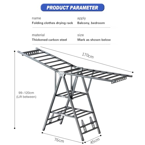 Movable Drying Rack, 3 Tier Large Laundry Clothes Drying, منشر غسيل قابل للطي,Clothes Drying Rack Foldable with 4 Castors & Shoe Holder, Height-Adjustable Wings, for Indoor Outdoor - 170cm