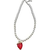 A-yeite Red Strawberry Pendant Choker Necklace Cute Imitation Pearl Beaded Chain Necklace for Women Holiday Party Jewelry Gift