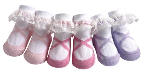 JazzyToes Infant and Baby Cotton Socks, Set of 3 Pairs (0-12M, Lacy Ballerina)