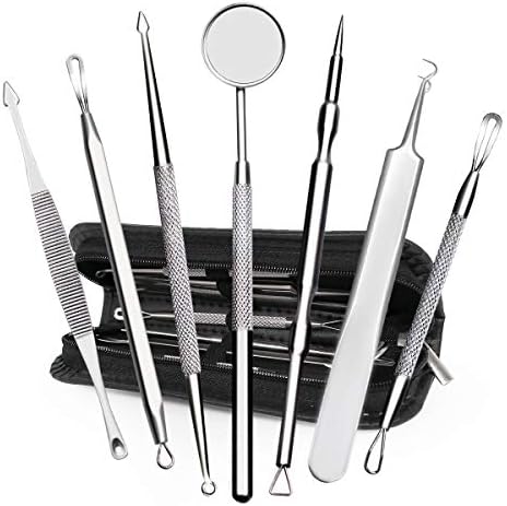 Blackhead Remover Tools, 7 Pcs Comedone Pimple Extractor Tool Kit, Acne Zit Removal Kits, Best Treatment for Blemish, Whitehead Popper with Stainless Steel Curved Tweezers, Needles and Mirror