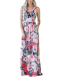 SWQZVT Vestido largo de verano para mujer, bohemio, floral, sin mangas, con bolsillos, espalda cruzada, cuello redondo, casual, talla S a XL