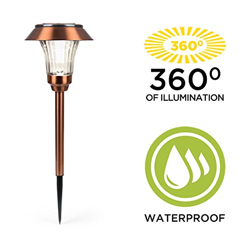 Copper Metal Solar Path Lights, Set of 4 Pathway Landscape Lighting, Warm White LEDs, Rechargeable, Waterproof