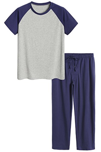 Latuza Men’s Raglan Sleeves Shirt & Pants Pajamas Set Cotton Sleepwear M Eggplant