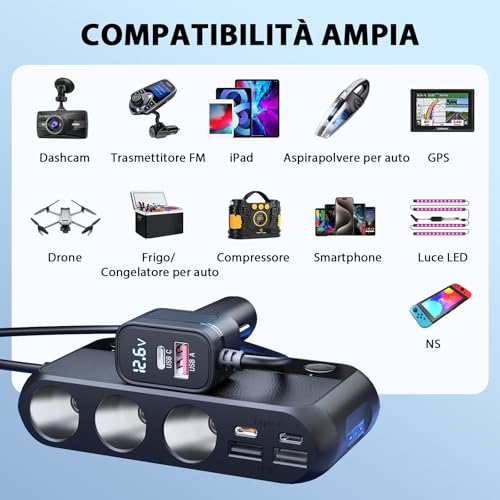 USB-C PD 30W USB QC3.0 Car Charger, 9 in 1 148W Car Charger Cigarette Lighter 12V/24V with 3 Sockets & 6 Ports with LED Display for iPhone Dash Cam