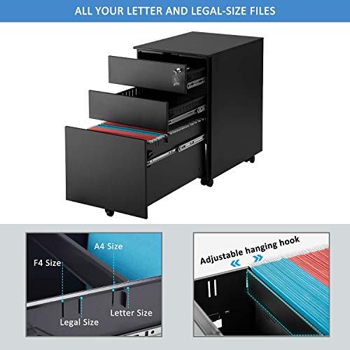 Mieres 3 Drawer Cabinet File Cabinet Mobile Metal Black Cabinet With Drawers With Lock Under Desk