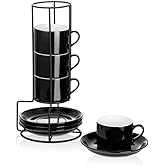 Meichu 4oz Porcelain Stackable Espresso Cups with Saucers and Metal Stand Set of 4, Stackable Espresso Cups Set of 4, Black Expresso Shots Cup Set for Coffee Drinks, Cappuccino Latte, Americano, Tea
