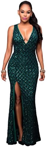 Olaron Women Elegant Sequin Deep V Neck Key Hole Back Split Side Evening Gown Maxi Dress Green Small
