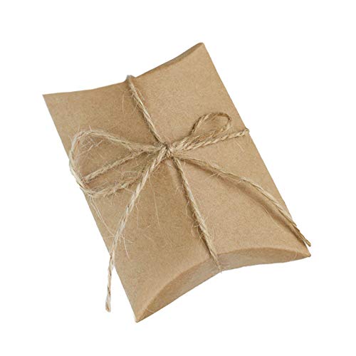 Emartbuy Set of 100 Brown Pillow Boxes with Jute String, Candy Boxes, Gift Box for Weddings, Birthdays Size - 6 cm x 6.5 cm x 1.5 cm