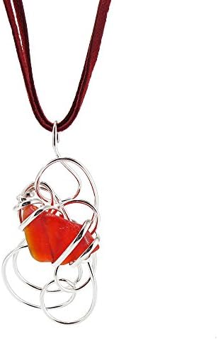 Sea Glass Hand Wired Wrapped Silver Abstract Pendant With Suede 16"- 18" Necklace Sunset Red
