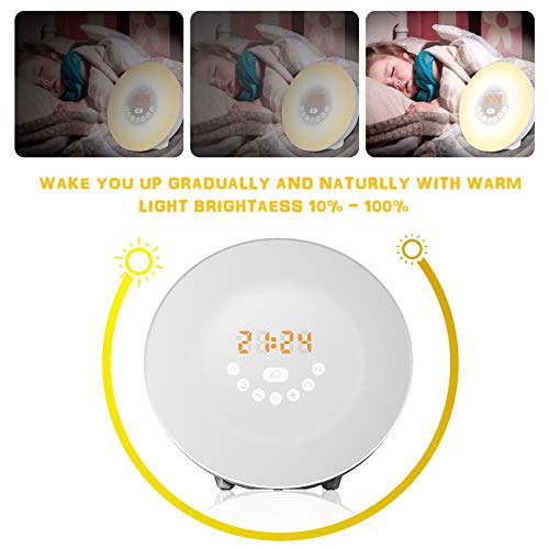 Sunrise Alarm Clock, Wake Up Light with 6 Nature Sounds, FM Radio, Color Light, Bedside Sunrise Simulator (New-White) - Thumbnail 4