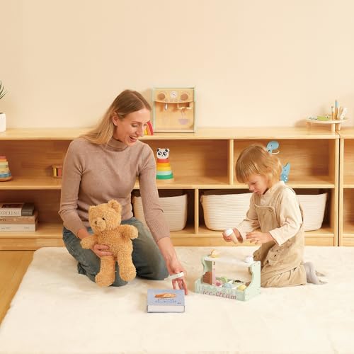 OOOK Montessori Shelving Unit with 5 Compartments Rubberwood 110 cm (43.3 Inches) – 2 Storage Systems – Wooden Wardrobe for Children's Room, Games Room, Nursery, Classroom and Kindergarten