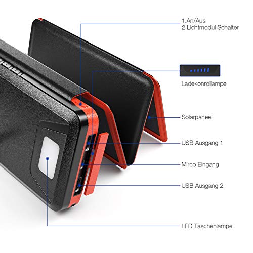 IEsafy 26800mAh Solar Powerbank mit 4 Solar Paneel große Kapazität Solar Ladegerät, geeignet für iPhone, Samsung, iPad, Huawei