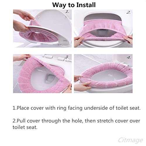Cushioned Toilet Seat Cover Pads Bathroom Soft Fibers Thicker Warmer Stretchable Washable Lid Covers 2Pcs (Blue+Pink)