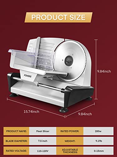 Meat Slicer with 2 * 19cm Blade, Electric Bread Slicer Machine for Home Use 200W, FOHERE Deli Food Cutter, 0-15mm Adjustable Thickness for Cheese, Bread, Include Safety Food Pusher, Silver