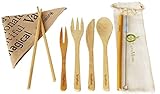Bamboo Cutlery 9 Pcs Set With Canvas Carrying Bag - Travel Eco Friendly Utensils 7.5 Inches - Fork, Knife, Spoon, Drinking Straw, Brush, Chopsticks, Fruit Fork And Custom Printed Cloth Napkin