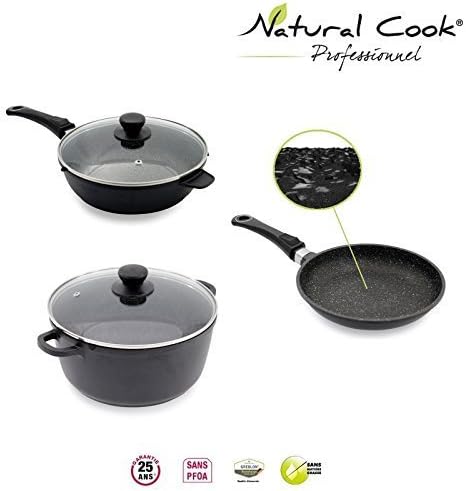Natural Cook professionnel - Set Fry Pans, Saute Pan & Stockpot 11โ In Nonstick Stonelike Granitelike & Ceramic Coating Cookware With Detachable Handles- Suitable For All Cookers, Even Induction Cookers