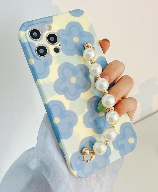 Cute&Chic Flower Phone Case with pearl chain for iPhone (Blue, Iphone 13)