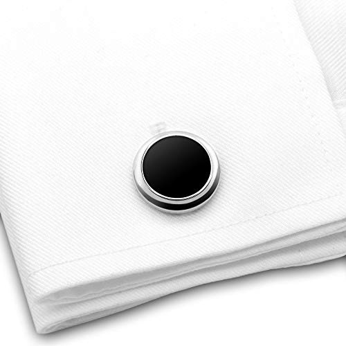 VIILOCK Onyx Black Cufflinks and Studs Set for Men Wedding Business Gift Mens Cuff links Set (Silver)
