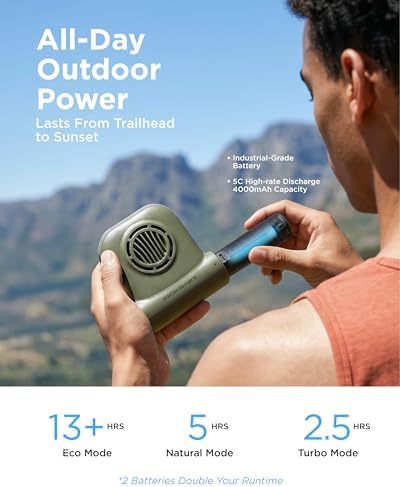 Ventilateur de trail, ventilateur de taille à clipser, comprend 1 batterie rechargeable de 4 Ah, ventilateur personnel turbo de 15 m/s, ventilateur de refroidissement portable mains libres