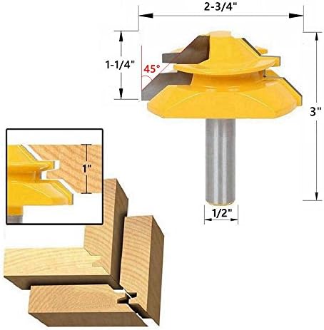 HDDU Small Lock Miter Router Bit 45 Degree 2-3/4" Width 1/2" Shank Tenon Cutter Woodworking Milling Cutter Puzzle Wood Cutter