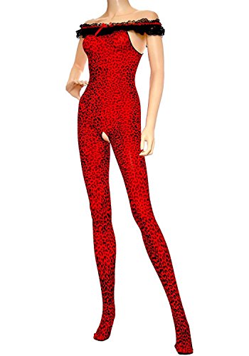MUSIC LEGS Women's Leopard Print Crotchless Bodystocking, Red/Black, One Size