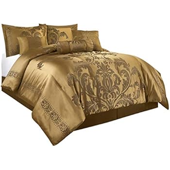 Chezmoi Collection Royale 7-Piece Jacquard Floral Comforter Set (Queen, Gold)