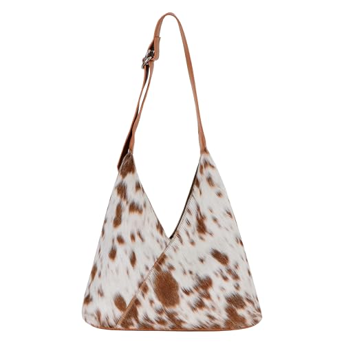 Genuine Cowhide Leather Hobo Shoulder Bag for Women Hair-On Hide Handbag with Adjustable Strap Natural Brown & White Cow Print Premium Leather Purse