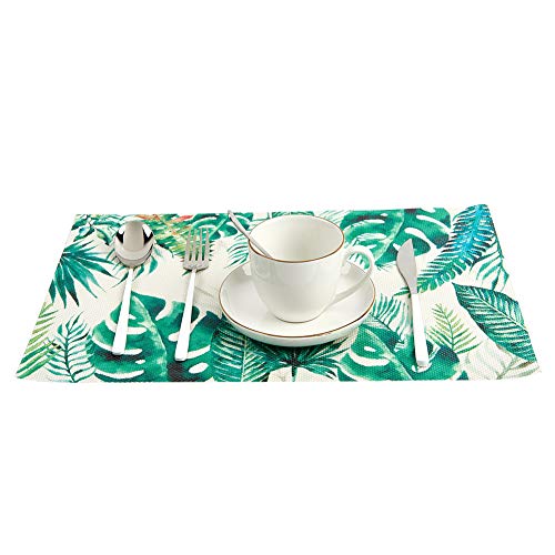 Vivi&Stitch Wipeable Placemats, 6 Pack Table Placemats, Large Palm Leaves Heat-Resistant Stain Resistant Anti-Skid Woven Vinyl Table Mats for Kitchen Dining Table