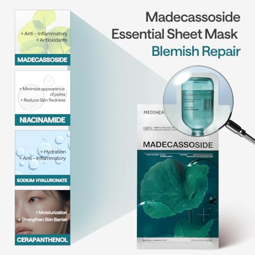 MEDIHEAL Essential Face Mask [Madecassoside] Blemish Repair 10 pcs. with 98% Purity Madecassoside & Hyaluronic Acid - Soothing Care, Hydrating- Travel Essentials, Vegan Formula Korean Sheet Mask