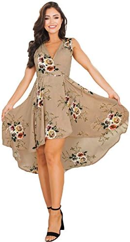 Romacci Women Boho Midi Dress Floral Print V Neck Sleeveless High Low Summer Irregular Beach Dress Khaki