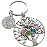 Custom Family Tree Keychain with Birthstone Charms & Family Saying Disc Charm, Gift for Mom or Grandma
