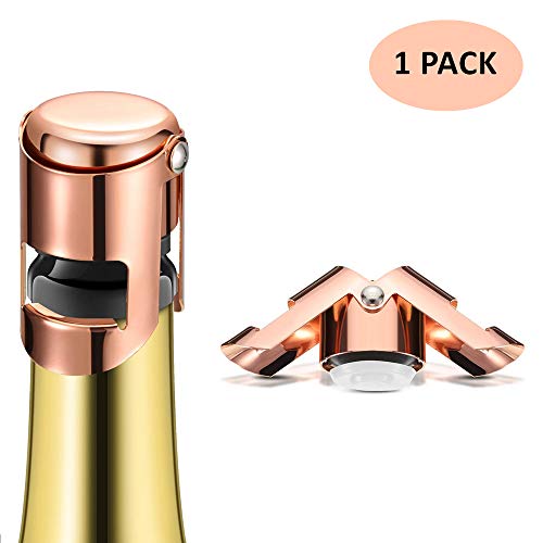 Champagne Bottle Stopper, Rose Gold Stainless Steel Champagne Sealer Plug, Super Powerful Vacuum Seal, Reusable Wine Saver for Champagne, Cava, Prosecco & Sparkling Wine (1 Pack)