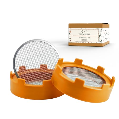 Elementi Sprouting Kit for Wide Mouth Mason Jars - Set of 2, Grow Organic Sprouts - Alfalfa, 316 Stainless Steel Mason Jar Strainer Lid (Pumpkin Orange)