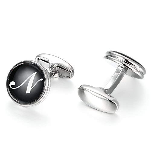 MERIT OCEAN Mens Letter Initial Cufflinks Alphabet Rhodium Plated Cuff Links Wedding Business A-Z (N)