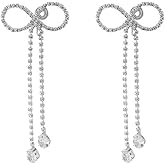 Clip on Bow CZ Drop Dangle Earrings for Women Non Pierced Ear Dainty Silver Plated Teardrop Crystal Tassel Long Chain Ribbon Cuff Earring Wedding Statement Fake Dangling Lightweight Hypoallergenic Fashion Jewelry for Her Birthday