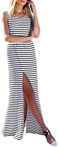 Limsea Hot Sale! Women Casual Sleeveless Leaking Back O-Neck Slit Elastic Striped Maxi Dress
