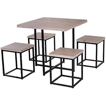 HOMCOM 5 Piece Wood Steel Space Saving Dining Room Table Set with Stools