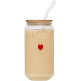 Greefun Coquette Aesthetic Glass Can Cup with Bamboo Lid and Straw, 16oz Cute Red Heart Travel Tumbler, Iced Coffee Matcha Smoothie Cup, Trendy Stuff Gifts for Women, Girl Gifts