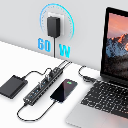 USB Powered Hub, RSHTECH 11 Ports USB 3.2 Hub with Power 60W (12/5A), USB Data Port 10Gbps (2*Tip-C, 1*Tip-A), 7*5Gbps USB 3.0 and 20W PD, Aluminum USB Splitter with 2 in 1 Cable, RSH-A11PD