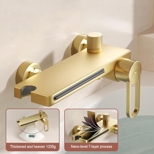 SWHC Bath Faucet with Shower, Waterfall Bath Mixer Tap Hot or Cold Shower Tap Wall Mounted Brushed Gold Bathroom Bath Tap Brass