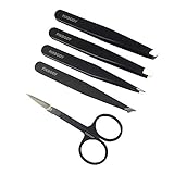 FIXBODY Tweezers Set 5-Piece - Professional Stainless Steel Tweezers with Curved Scissors, Best Precision Tweezer for Eyebrows, Splinter & Ingrown Hair Removal with Leather Travel Case (A4)