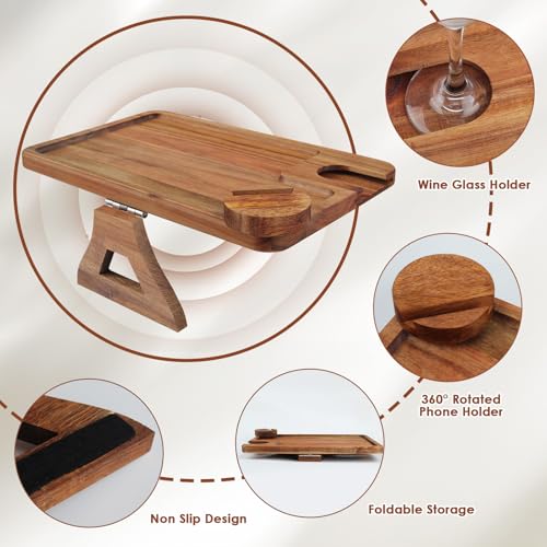 Comfoyar Sofa Arm Tray, Wooden Table Armrest Clip Sofa with Wine Glasses Holder, Folding Sofa Table with Phone Holder Rotatable 360°, Sofa Tray for Appetizers Drinks Remote Control