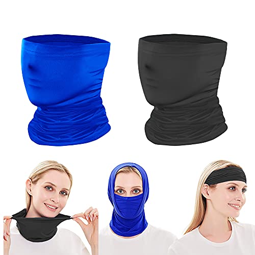 Bandana Neck Gaiters Multifunction Headwear Elastic Tube Scarf Face Shield Headband Snood UV Resistence for Outdoors Sports 2 PCS Black & Blue