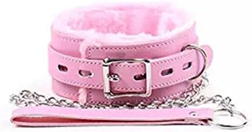Bhwin Adjustable Leather Neck Collar Choker Fur Lining with Detachable Leash (Pink-02)