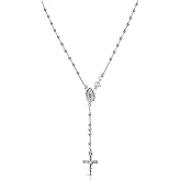 Savlano 925 Sterling Silver Italian Solid Bead Chain Cross & Rosary Virgin Mary Pendant Y Necklace Comes With Gift Box for Women - Made in Italy