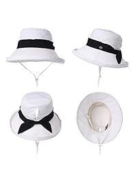 Jeff & Aimy Womens 100% Cotton Bucket Sun Hat UPF 50 Chin Strap Adjustable & Ponytail Hole