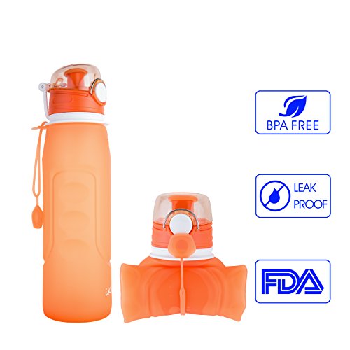 Collapsible Water Bottle, BPA Free, Leak Proof , FDA Approved, iKiKin Silicone Foldable and Portable Silicone Water Bottle for Sports, Outdoor, Travel, Camping, Picnic , School,1000ml 1L 35OZ (Orange)