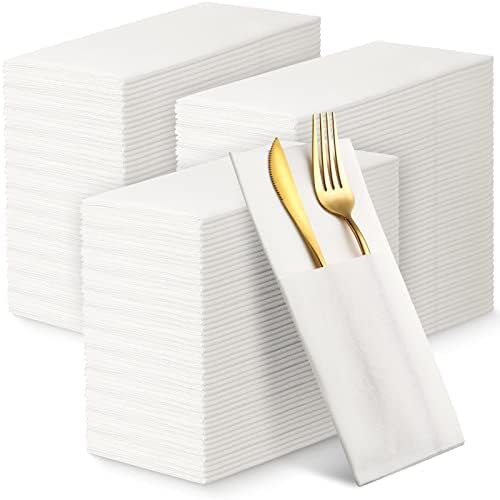 150 Pack White Dinner Napkins Cloth Like with Builtin Flatware Pocket